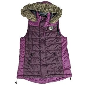 American Eagle Quilted Vest Puffer Full Zip Faux Fur Hood Women's M 38" Purple
